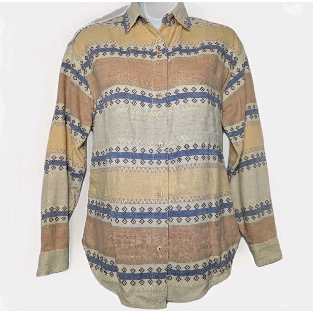 VTG Company One Petites Button Down Shirt Cotton Southwestern Tan Blue Sz S PS